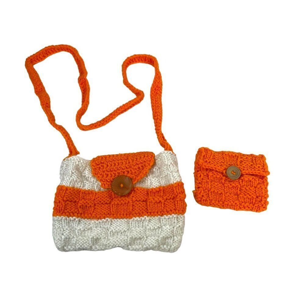 Handmade Crochet Orange & White Knit Shoulder Bag Matching Set w Coin Purse Boho